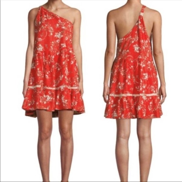 FREE PEOPLE Linen All Mine One Shoulder Red Floral Mini Dress Size Medium NWOT - Picture 7 of 12